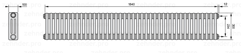 Схема (чертеж) Радиатор Zehnder Charleston 3030/40 №7610 Белый глянцевый RAL 9016